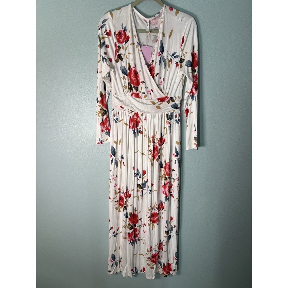 Cathy Women's White Floral Faux Wrap Maxi Dress Long Sleeve Elastic Waist XL